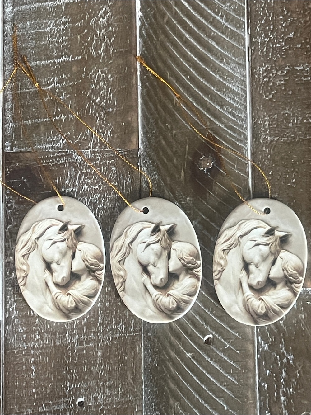 Horse Relief Oval Ceramic Ornament - 3 pack